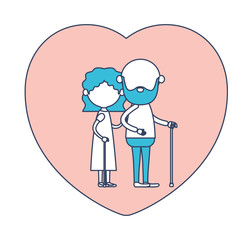 faceless caricature full body elderly couple in heart shape greeting card embraced with bearded grandfather in walking stick and grandmother with wavy hair in color section silhouette
