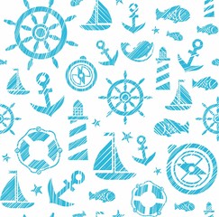 Nautical background, seamless, white-blue, vector.The attributes of a sea voyage on a white background. Blue figures are drawn with diagonal hatching. Vector pattern.  