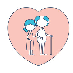faceless caricature full body elderly couple in heart shape greeting card embraced with grandfather in walking stick and grandmother with collected hair in color section silhouette