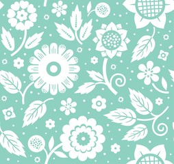 The flowers and leaves, decorative background, seamless, light blue, vector. White decorative flowers and leaves on turquoise background. Floral seamless pattern. 