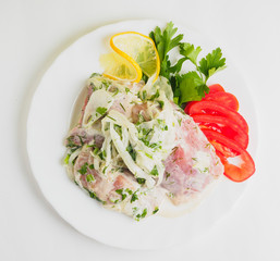 Raw pork beef meat on the white plate