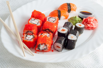 Japan food roll sushi set on a white plate