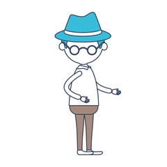 faceless caricature full body elderly man in clothes with hat with glasses in color section silhouette