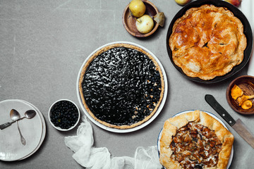Variety of autumn pies: blueberry tart, chantarelle galette and classical apple pie with sweet pastry crust. Harvest time baking concept. Concrete rustic background. Space for text.