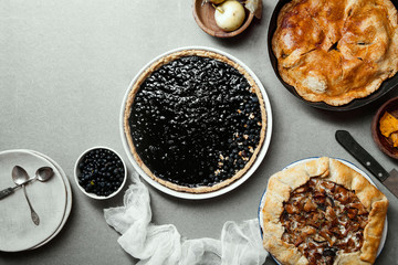Variety of autumn pies: blueberry tart, chantarelle galette and classical apple pie with sweet pastry crust. Harvest time baking concept. Concrete rustic background. Space for text.