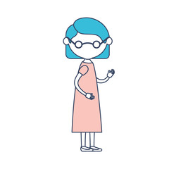 faceless caricature full body elderly woman in dress with short hairstyle and glasses in color section silhouette