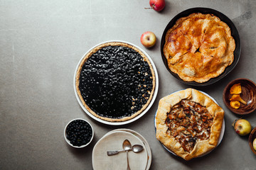 Variety of autumn pies: blueberry tart, chantarelle galette and classical apple pie with sweet pastry crust. Harvest time baking concept. Concrete rustic background. Space for text.