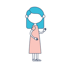 faceless caricature full body elderly woman in dress with straight hairstyle in color section silhouette