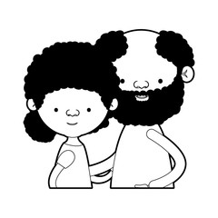 caricature half body couple elderly of grandmother with curly hair with grandfather with beard in black silhouette sections