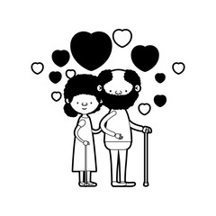 caricature full body elderly couple embraced with floating hearts bearded grandfather in walking stick and grandmother with bun hair in black silhouette sections