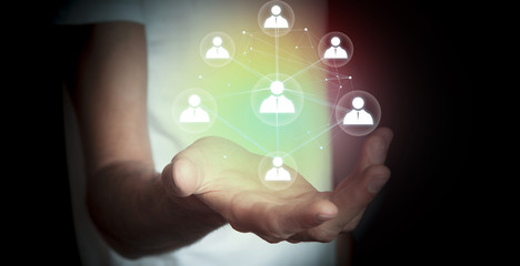 businessman hand network in screen