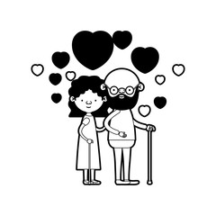 caricature full body elderly couple embraced with floating hearts bearded grandfather in walking stick and grandmother with wavy hair in black silhouette sections