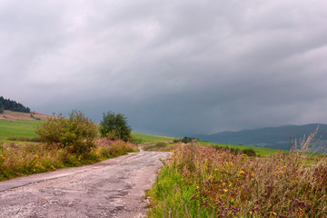 Winding road through the hills in Zilina Region in the Slovakia against the background of mountains Western Carpathians