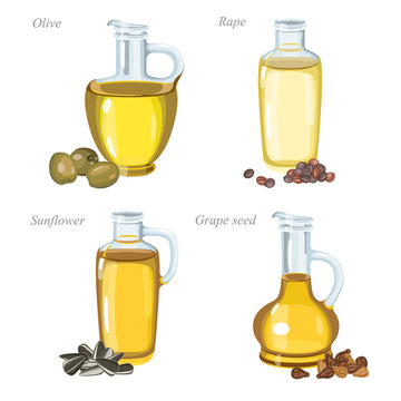 Four glass bottles with oil and oilseeds in front of them / Bottles with olive oil, rape oil, sunflower oil and grape seeds oil
