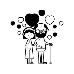 caricature full body elderly couple embraced with floating hearts grandfather in walking stick and grandmother with bow lace and short hair in black silhouette sections