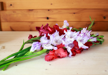 bouquet of gladioli on a wooden table