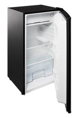 Black refrigerator with an open door on a white background