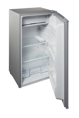 Gray refrigerator with an open door on a white background