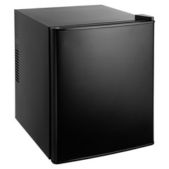 black small refrigerator with closed door on a white background