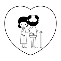 caricature full body elderly couple in walking stick with heart shape greeting card bearded grandfather in walking stick and grandmother with curly bun hair in black silhouette sections
