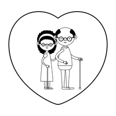 caricature full body elderly couple in walking stick with heart shape greeting card grandfather with glasses in walking stick and grandmother with bow lace and curly hair in black silhouette sections