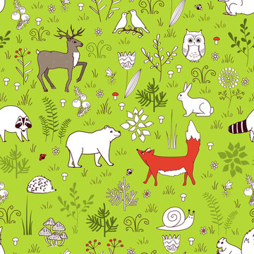 Forest seamless pattern with cute bear, fox, hedgehog, birds, bees, butterflies, mushrooms, owl, snail, deer, hear, and raccoon in cartoon style. Kids background