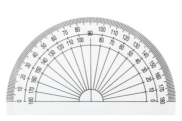 White plastic transparent protractor, isolated on white background