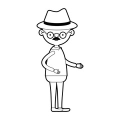 caricature full body elderly man in clothes with moustache and hat with glasses in black silhouette sections