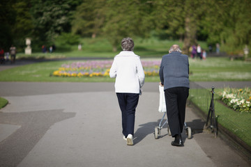 A pair of elderly people walk along the path in the park