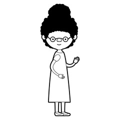 caricature full body elderly woman in dress with curly collected hairstyle and glasses in black silhouette sections