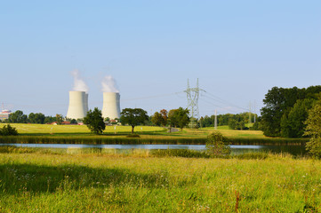 nuclear power plant, cooling towers and nature