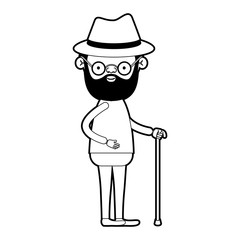 caricature full body grandfather in walking stick with beard and glasses in black silhouette sections