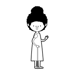 caricature full body elderly woman in walking stick with dress and curly collected hairstyle in black silhouette sections