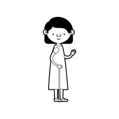 caricature full body elderly woman in walking stick with dress and collected hairstyle in black silhouette sections