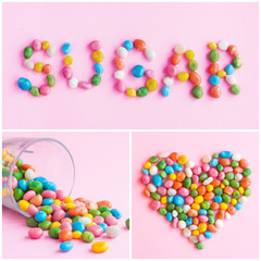 Set of pictures of colored candies in the shape of the heart and the words sugar