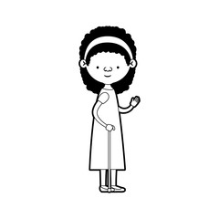 caricature full body elderly woman in walking stick with dress and bow lace and curly hairstyle in black silhouette sections