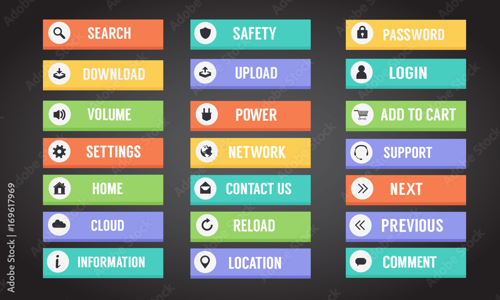 Wall mural computer buttons and icons with text. the main button for web site and internet. flat design