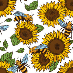 Vector seamless pattern with bees. Black and yellow texture
