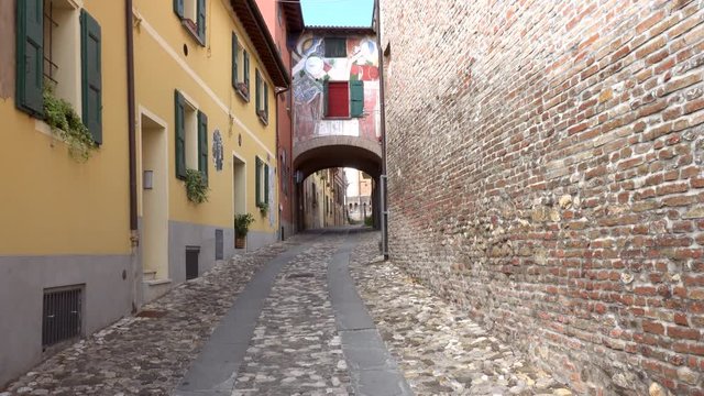 panning shot of houses of the medieval village of Dozza, a small gem among the architectural wonders of Italy