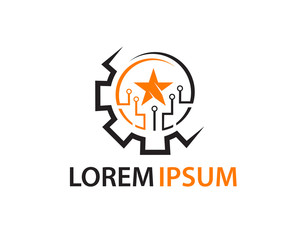 outline of gear with circuit lines and star, tech gear logo, icon design, isolated on white background.