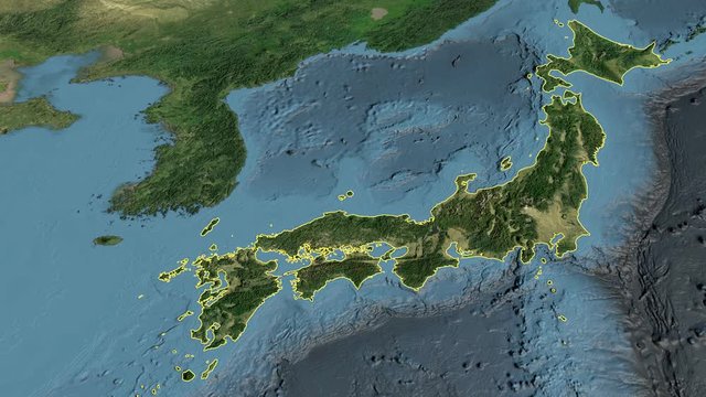 Japan, glide over the satellite map, outlined