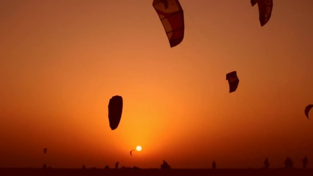 Parachuters at sunset