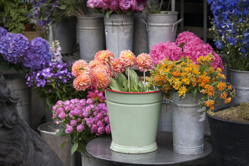 bouquet of dahlias in a galvanized bucket stands on a chair near the entrance to the store.