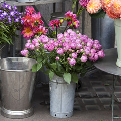 the Bouquet of lilac roses in a galvanized bucket as decoration of the entrance to the store