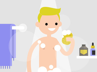 Young character taking a shower in a bathroom. flat editable vector illustration, clip art