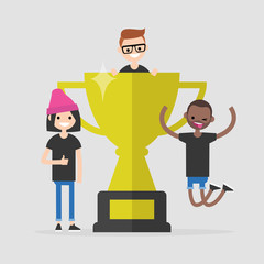 International team celebrating the victory. Conceptual illustration. Flat editable vector illustration, clip art