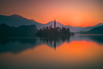An Island with Church in Bled Lake, Slovenia at Sunrise