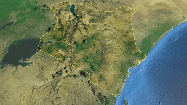 Kenya, glide over the satellite map, outlined
