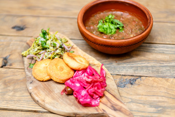 Traditional Georgian snack - lobio and Gurian cabbage.