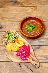Traditional Georgian snack - lobio and Gurian cabbage.